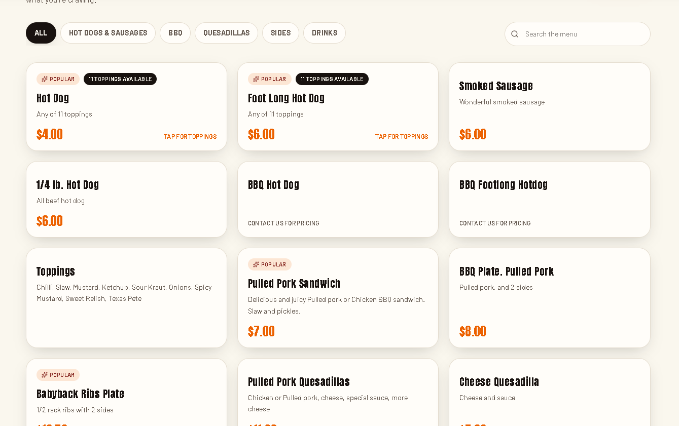 Filterable online menu built for Dig N Dogs Hot Dogs & BBQ